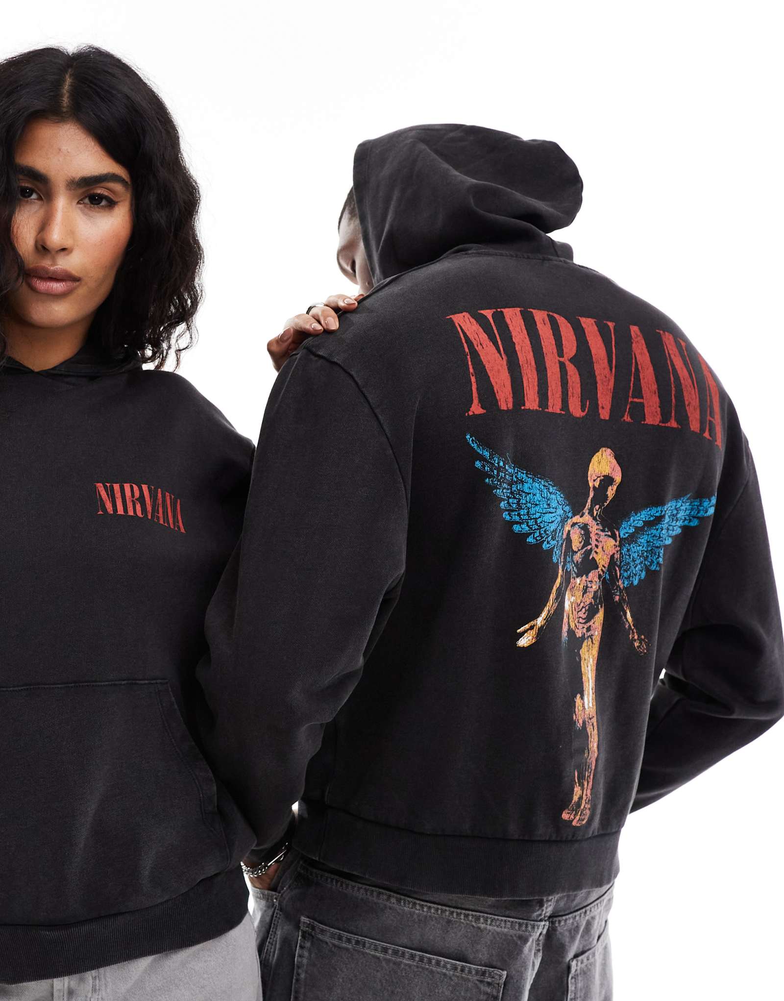 ДИЗАЙНЕРСКАЯ толстовка оверсайз унисекс ASOS DESIGN с принтом Nirvana в стираном черном цвете