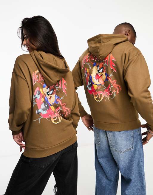 ASOS DESIGN unisex oversized hoodie with Tasmanian Devil prints in brown