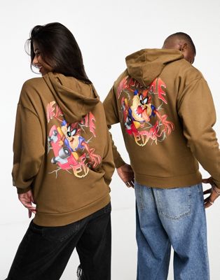 ASOS DESIGN unisex oversized hoodie with Tazmanian Devil prints in brown