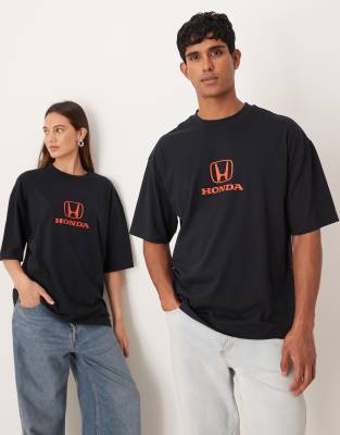 Asos Design Unisex Oversized Interlock T-shirt With Honda Print In Black
