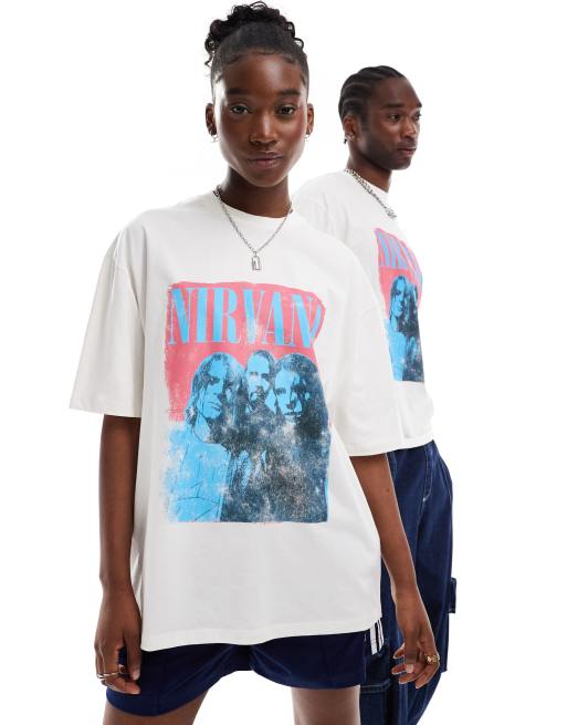 ASOS DESIGN unisex oversized licence band t-shirt in off white with Nirvana print
