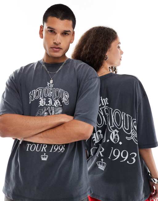 ASOS DESIGN unisex oversized licence band tee in washed black with Biggie Smalls tour prints