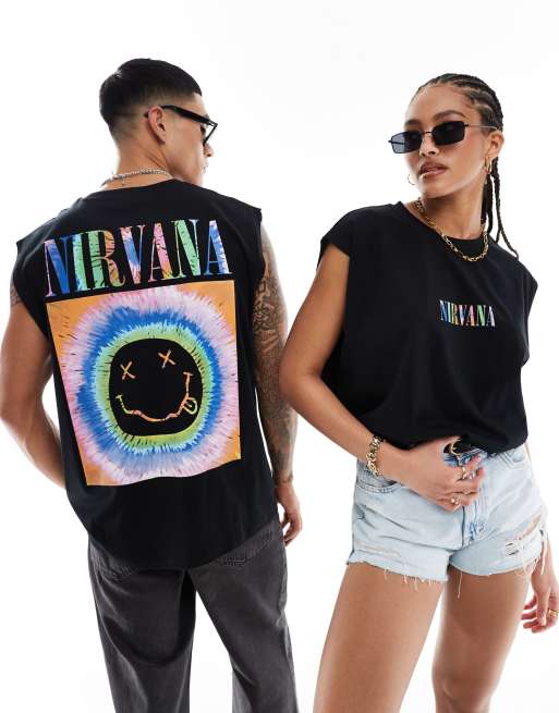 ASOS DESIGN unisex oversized licence singlet in black with Nirvana tie dye graphic prints