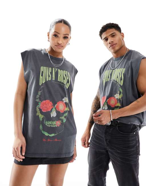 ASOS DESIGN unisex oversized licence singlet in washed black with Guns N' Roses graphic prints