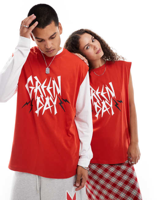 ASOS DESIGN unisex oversized licence singlet with Green Day print in red