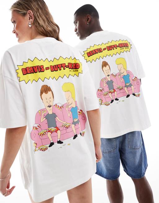 ASOS DESIGN unisex oversized licence t-shirt with Beavis and Butt-Head prints in off white