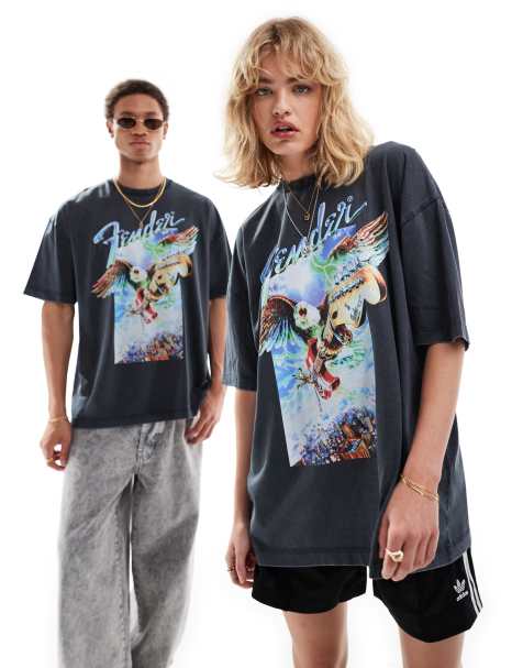 ASOS DESIGN unisex oversized licence t-shirt with Fender Guitar graphic prints in washed black - view 1