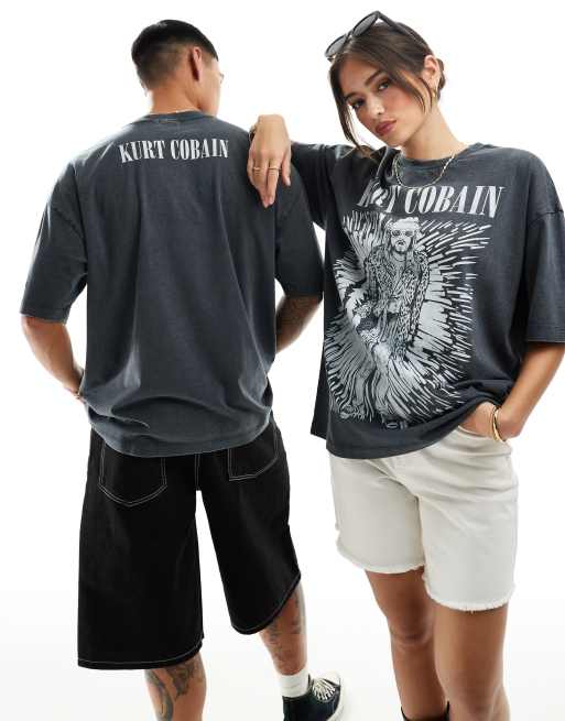 ASOS DESIGN unisex oversized licence t-shirt with Kurt Cobain graphic prints in washed black, 4 of 4