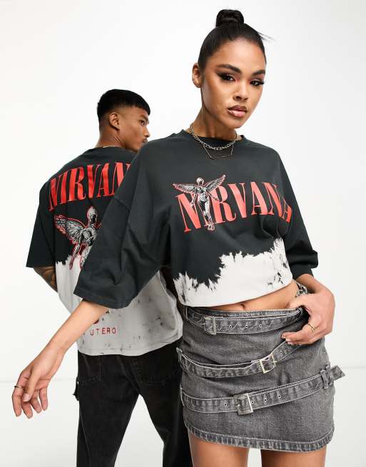 ASOS DESIGN unisex oversized licence t-shirt with Nirvana print and bleaching in charcoal