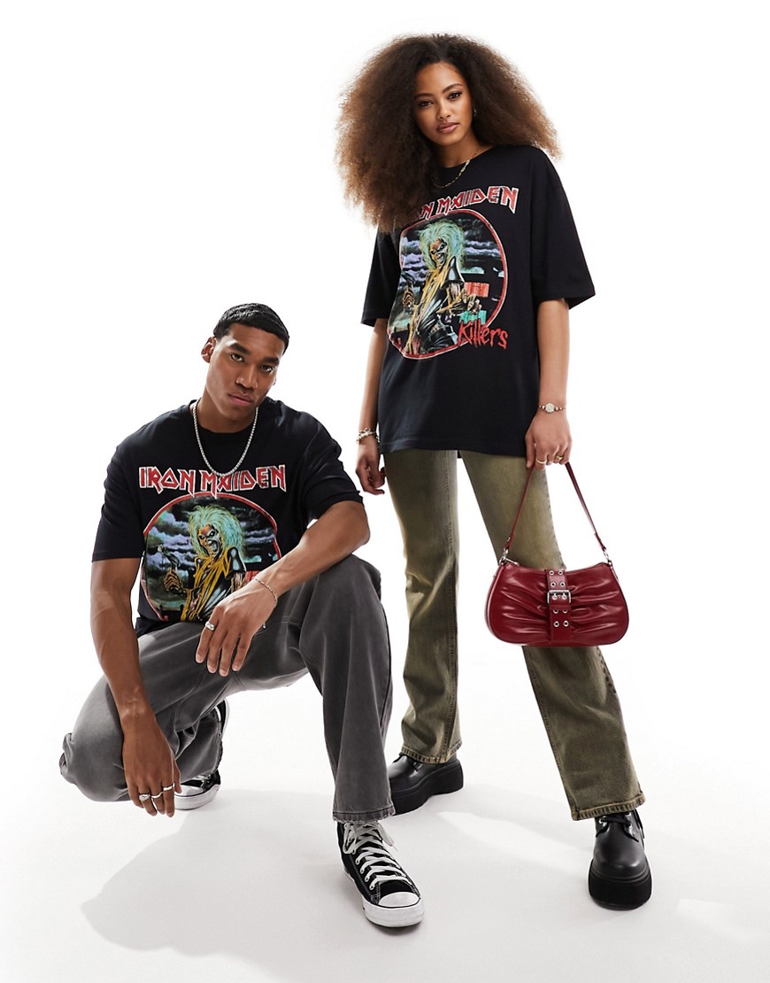 Asos Design Unisex Oversized License Band T-shirt In Black With Iron Maiden Prints