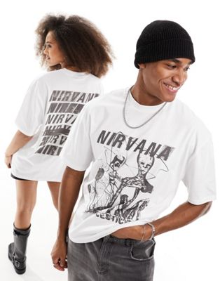 ASOS DESIGN unisex oversized license band t-shirt in white with Nirvana skeleton graphics