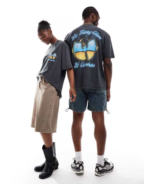 ASOS DESIGN unisex oversized license band tee in washed black with Wu Tang Clan graphics