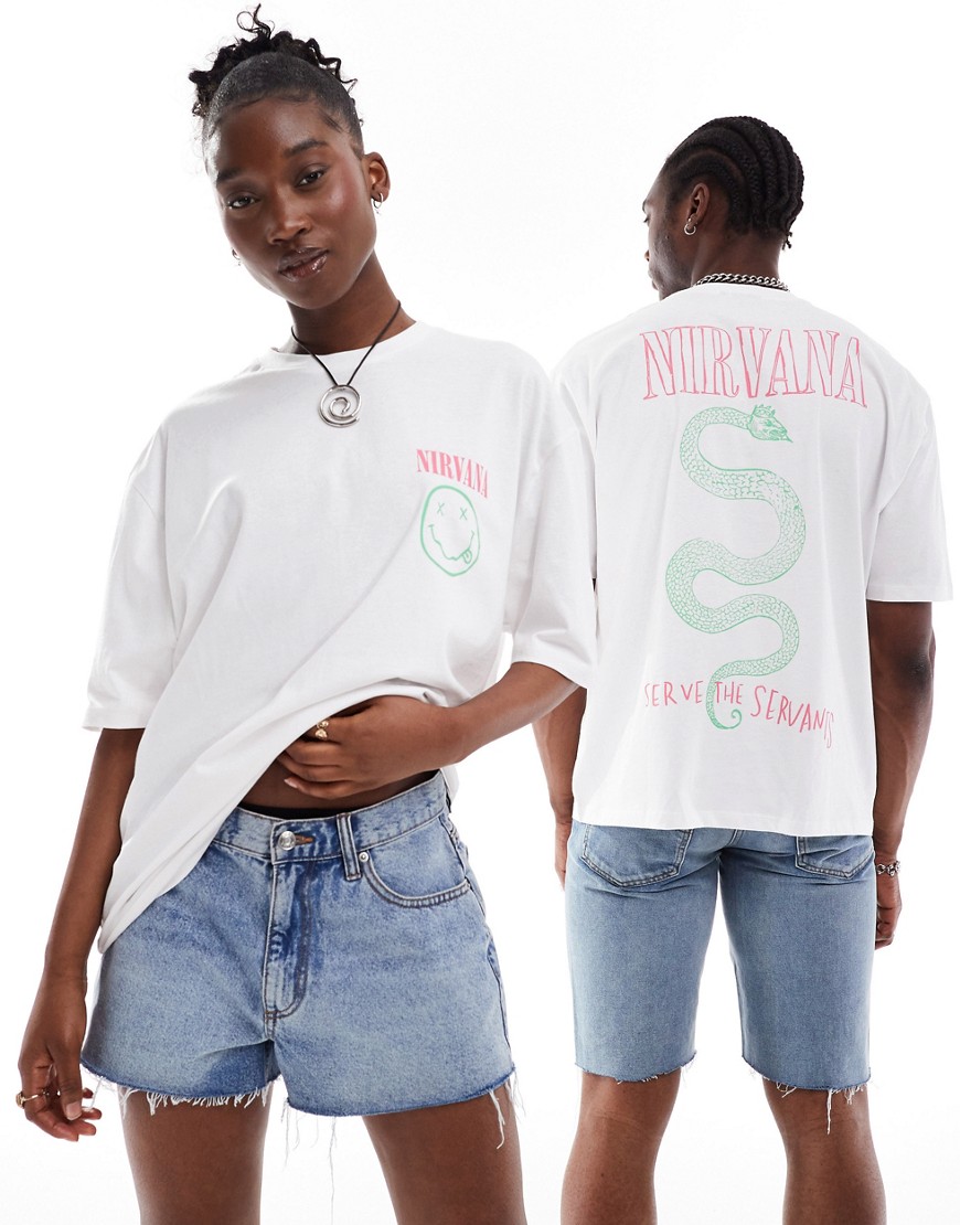 ASOS DESIGN unisex oversized license band t-shirt in white with Nirvana graphic prints