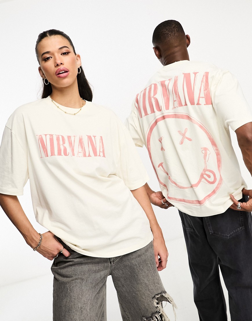 ASOS DESIGN unisex oversized license band tee with Nirvana graphics in off white-Neutral