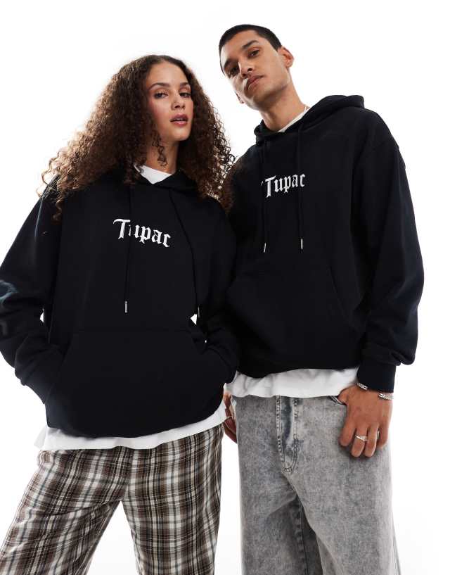 ASOS DESIGN - unisex oversized license hoodie in black with tupac graphic prints - black