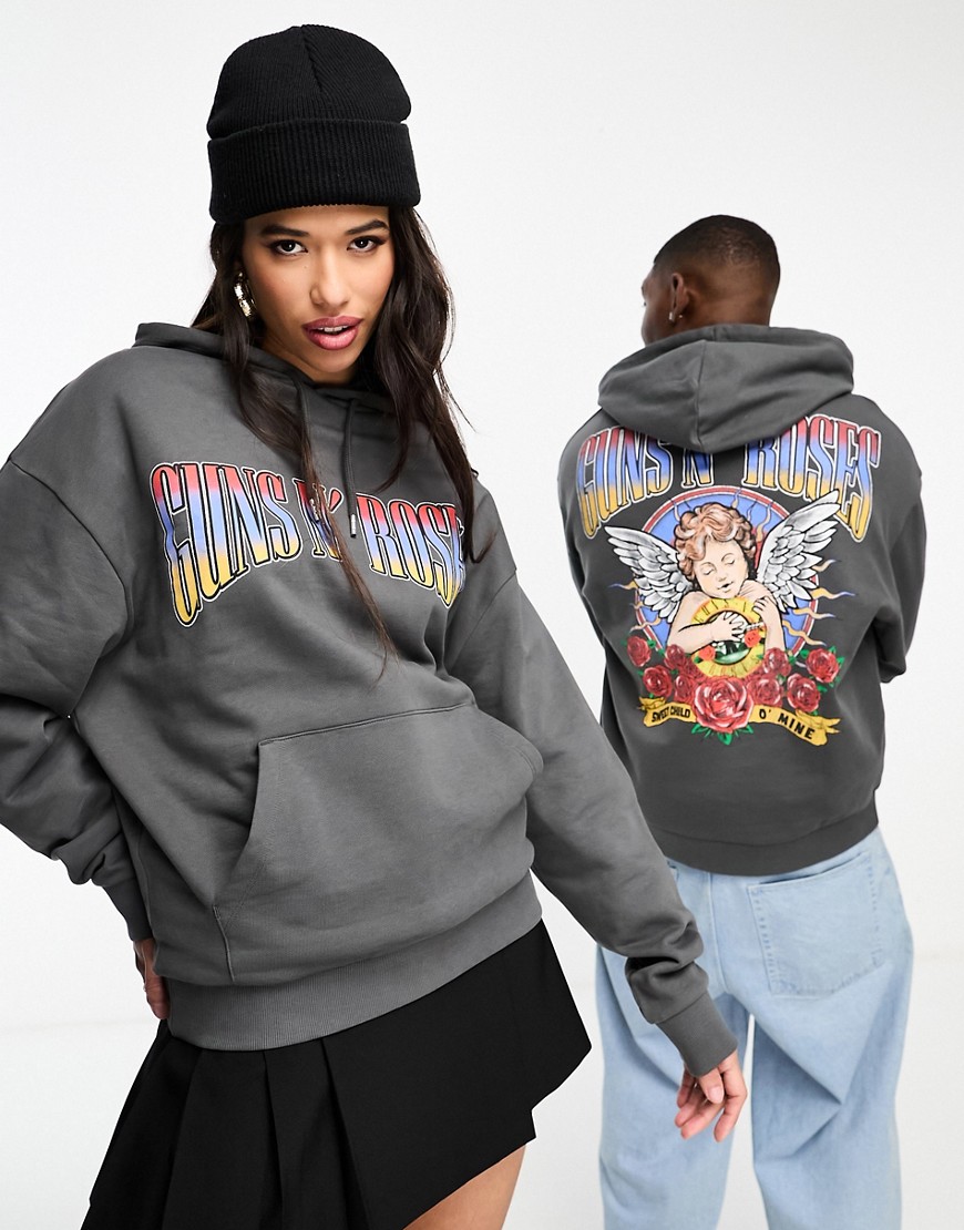 ASOS DESIGN unisex oversized license hoodie in charcoal with Guns N’ Roses graphics-Grey
