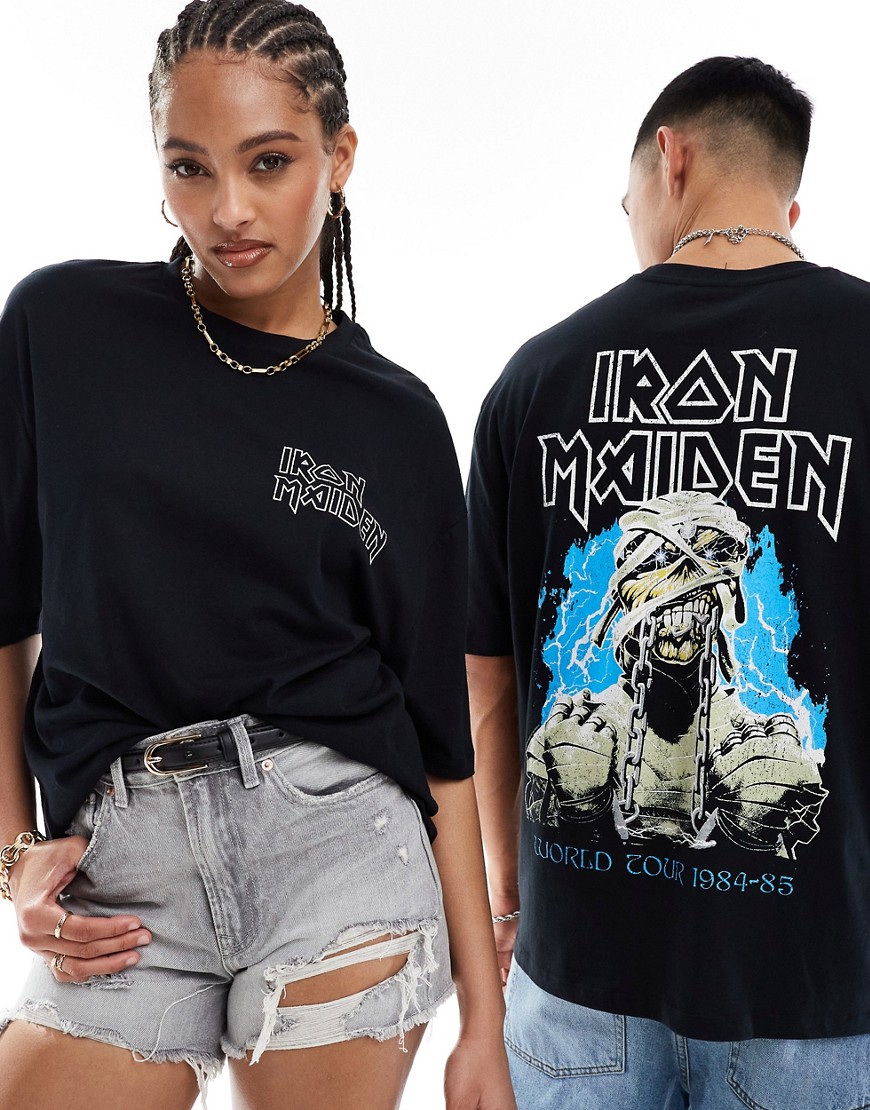 ASOS DESIGN unisex oversized license t-shirt in black with Iron Maiden graphic prints