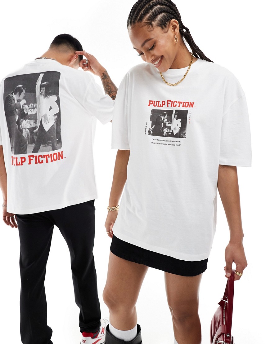 ASOS DESIGN unisex oversized license t-shirt in white with Pulp Fiction graphic prints