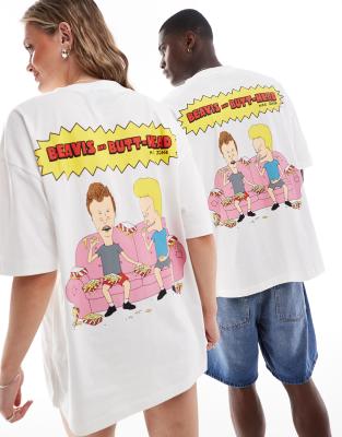 Asos Design Unisex Oversized License T-shirt With Beavis And Butt-head Prints In Off White