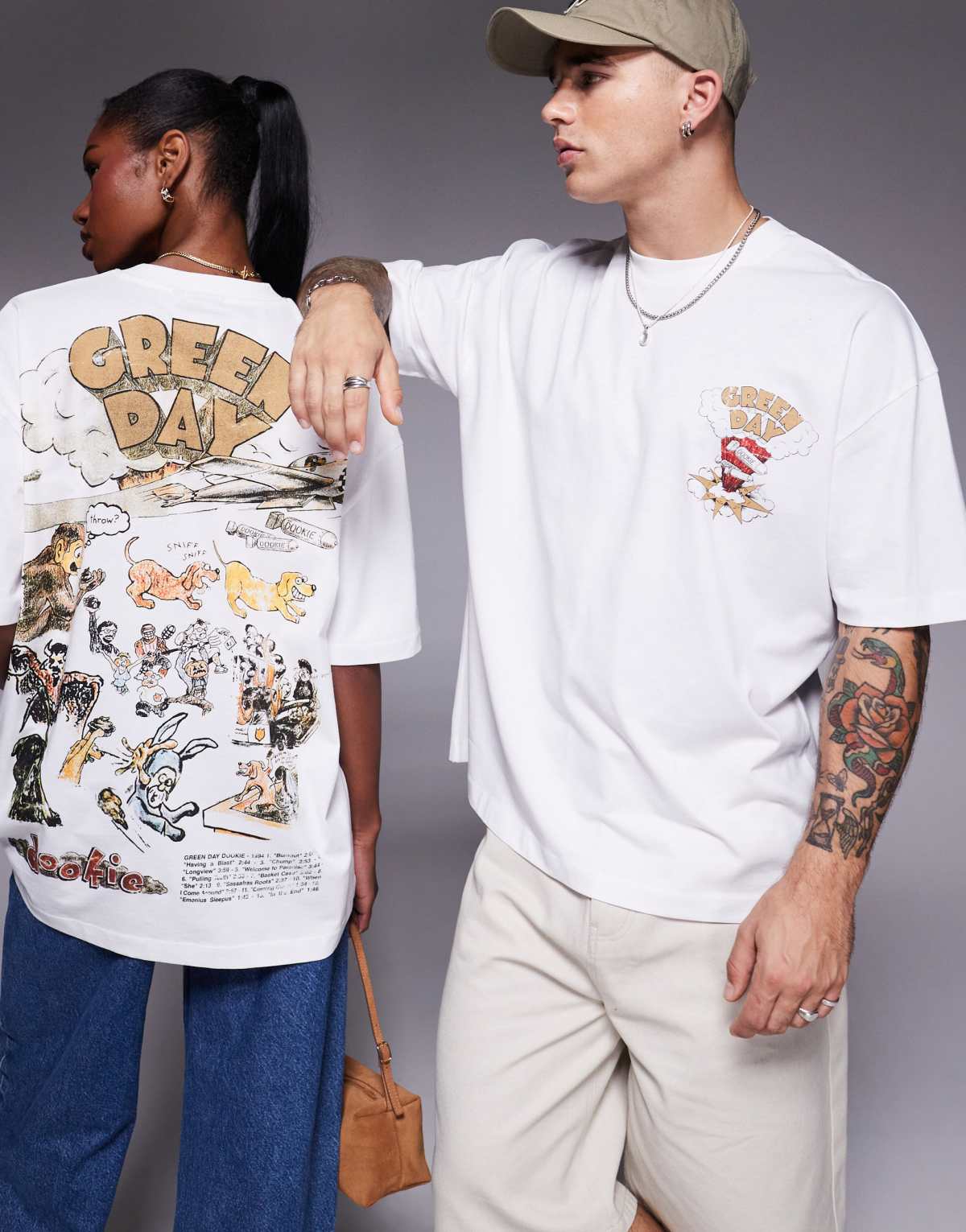 ASOS DESIGN unisex oversized license t-shirt with Green Day prints in white