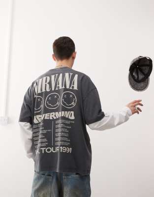 unisex oversized license T-shirt with Nirvana Nevermind puff prints in washed black