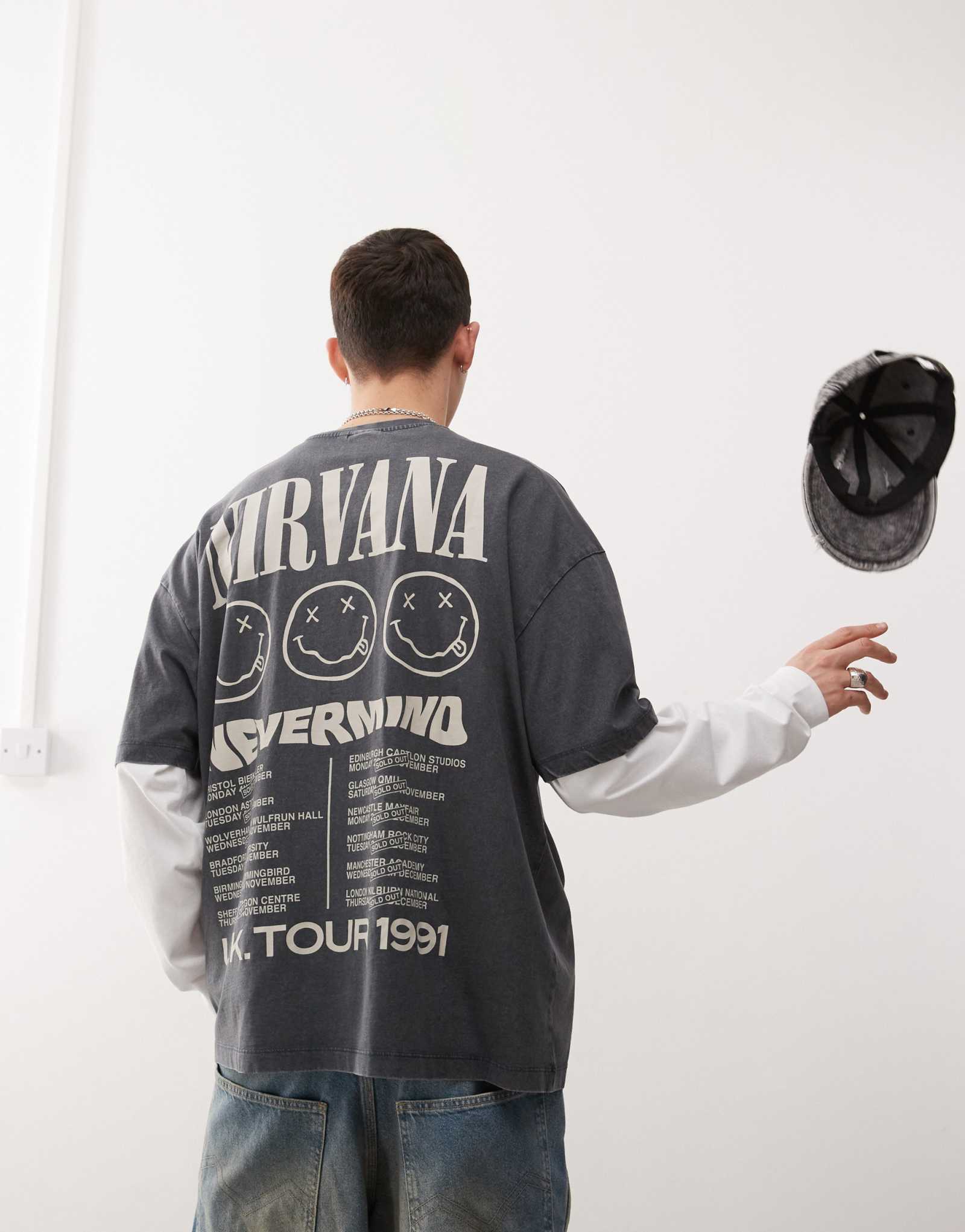 ДИЗАЙНЕРСКАЯ футболка ASOS DESIGN unisex license большого размера с принтом Nirvana Nevermind puff черного цвета, выполненная в стираном стиле