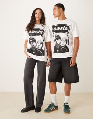 Asos Design Unisex Oversized License T-shirt With Oasis Front Print In White