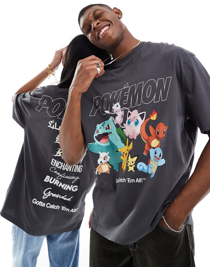 ASOS DESIGN unisex oversized license t-shirt with Pokémon prints in charcoal-Grey