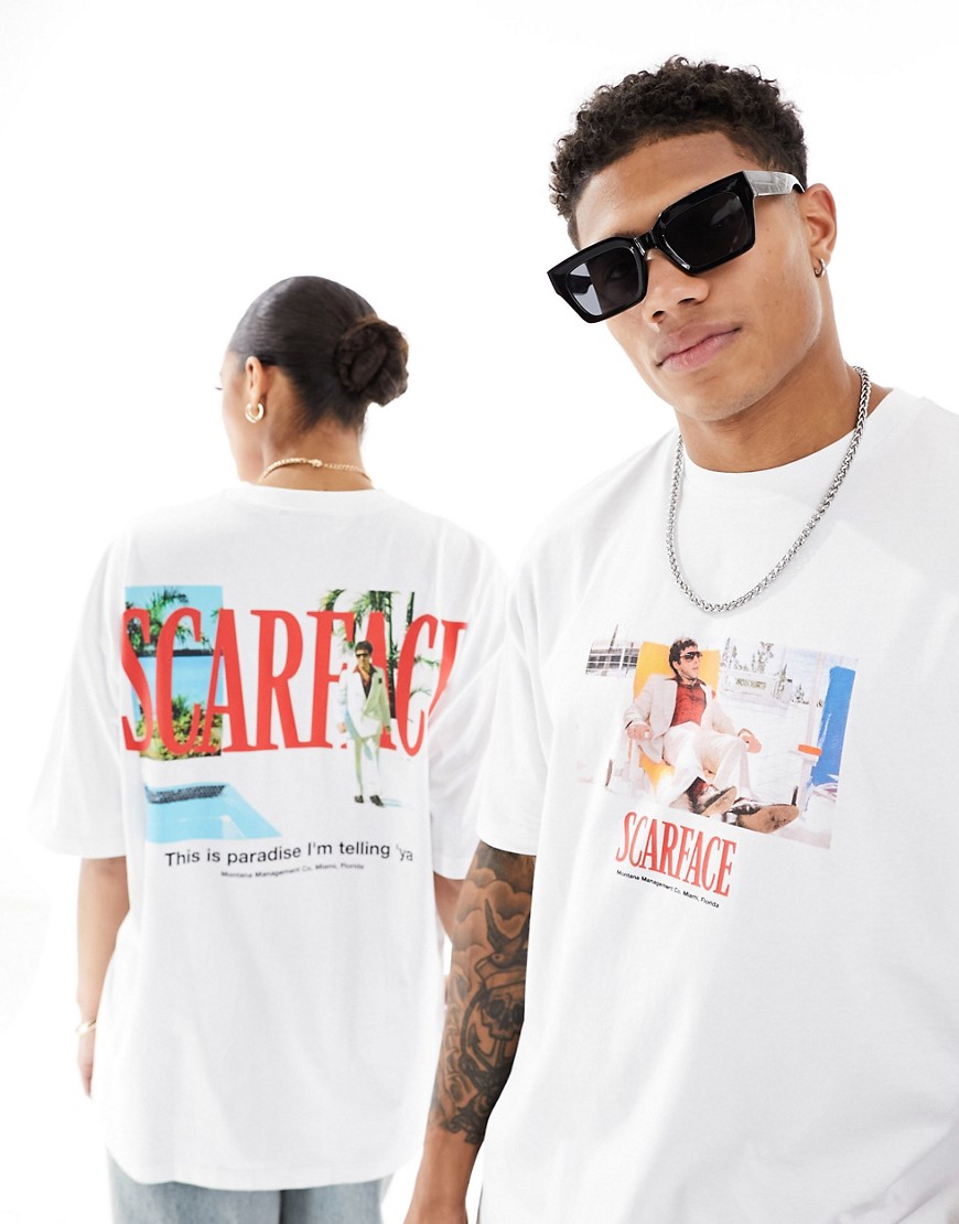 ASOS DESIGN unisex oversized license t-shirt with Scarface graphic prints in white