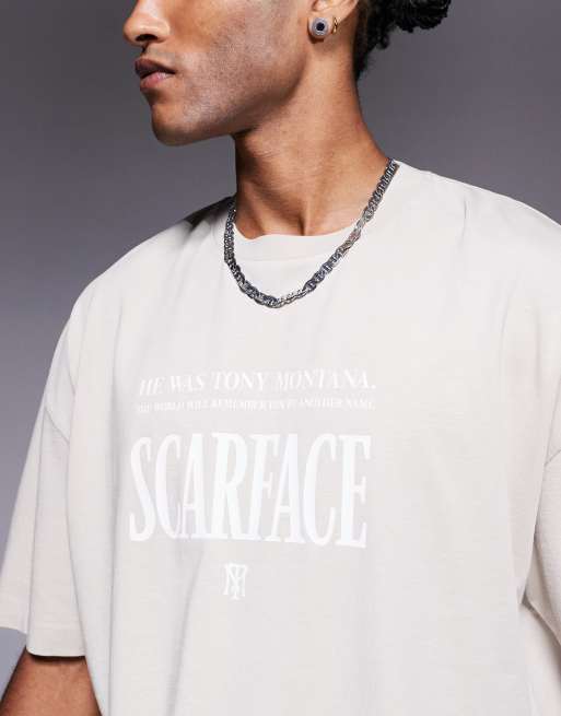 ASOS DESIGN unisex oversized license t-shirt with Scarface prints in washed beige, 4 of 4