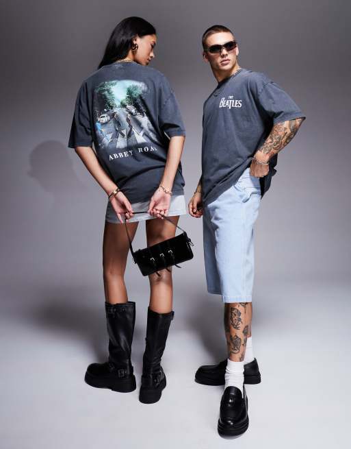 ASOS DESIGN unisex oversized license t-shirt with The Beatles Abbey Road prints in washed black, 2 of 4