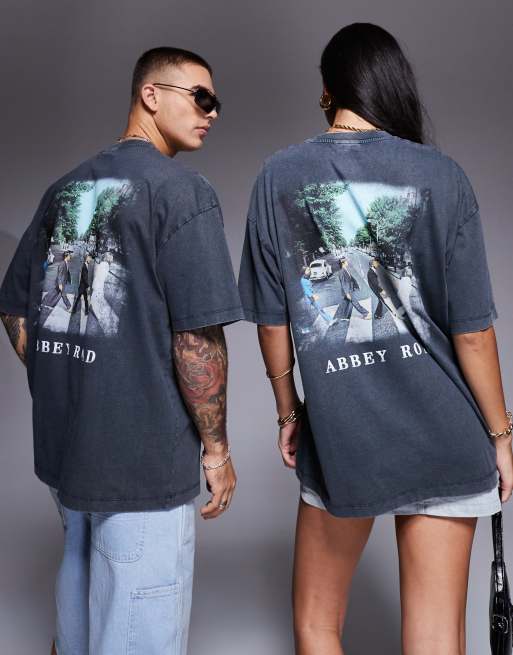 ASOS DESIGN unisex oversized license t-shirt with The Beatles Abbey Road prints in washed black, 4 of 4