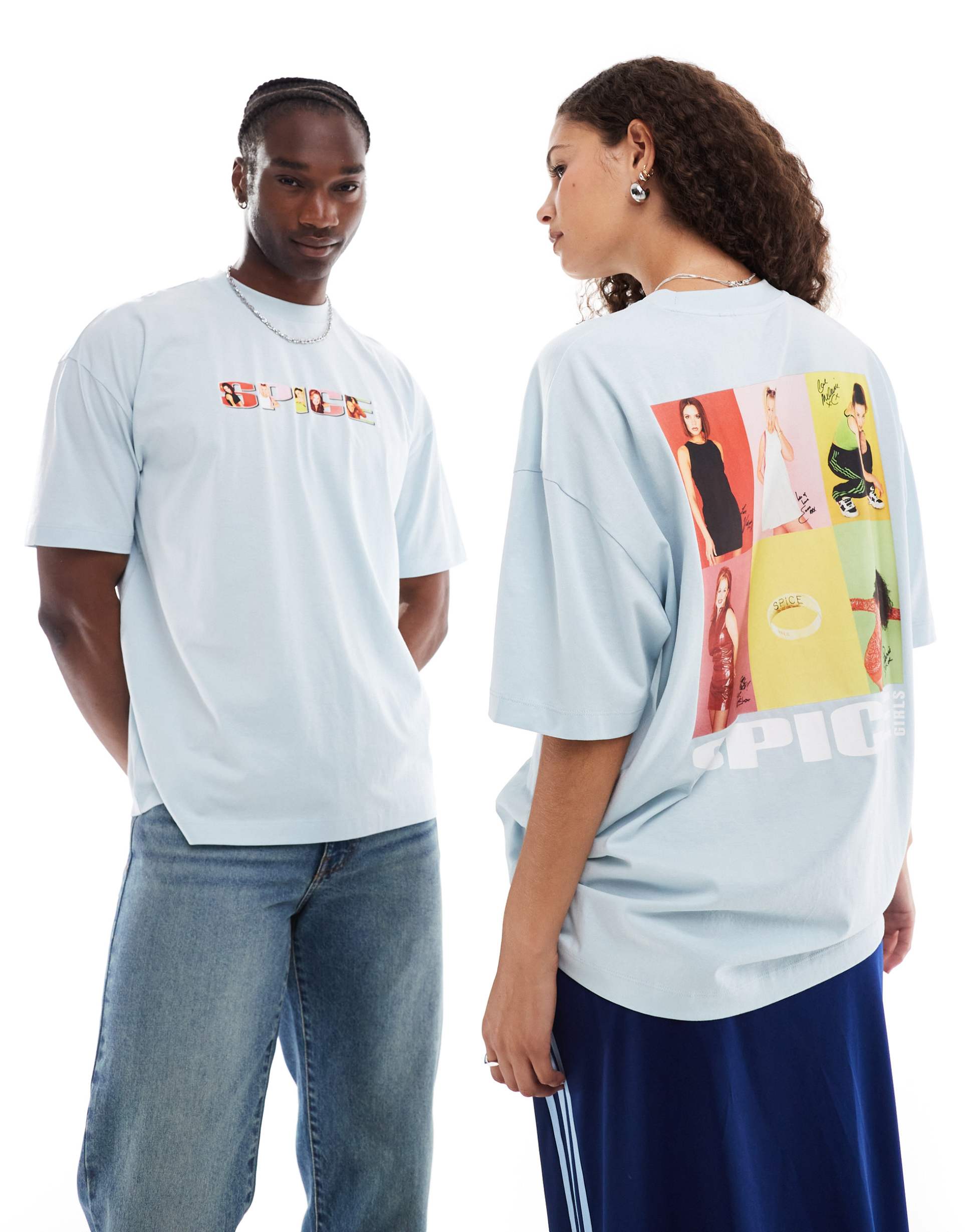 asos design unisex oversized license t-shirt with the spice girls prints in baby blue