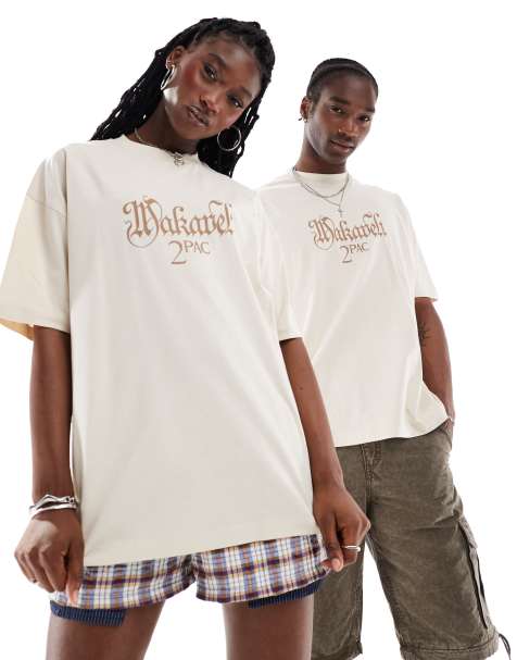 ASOS DESIGN unisex oversized license t-shirt with Tupac prints in beige - view 1