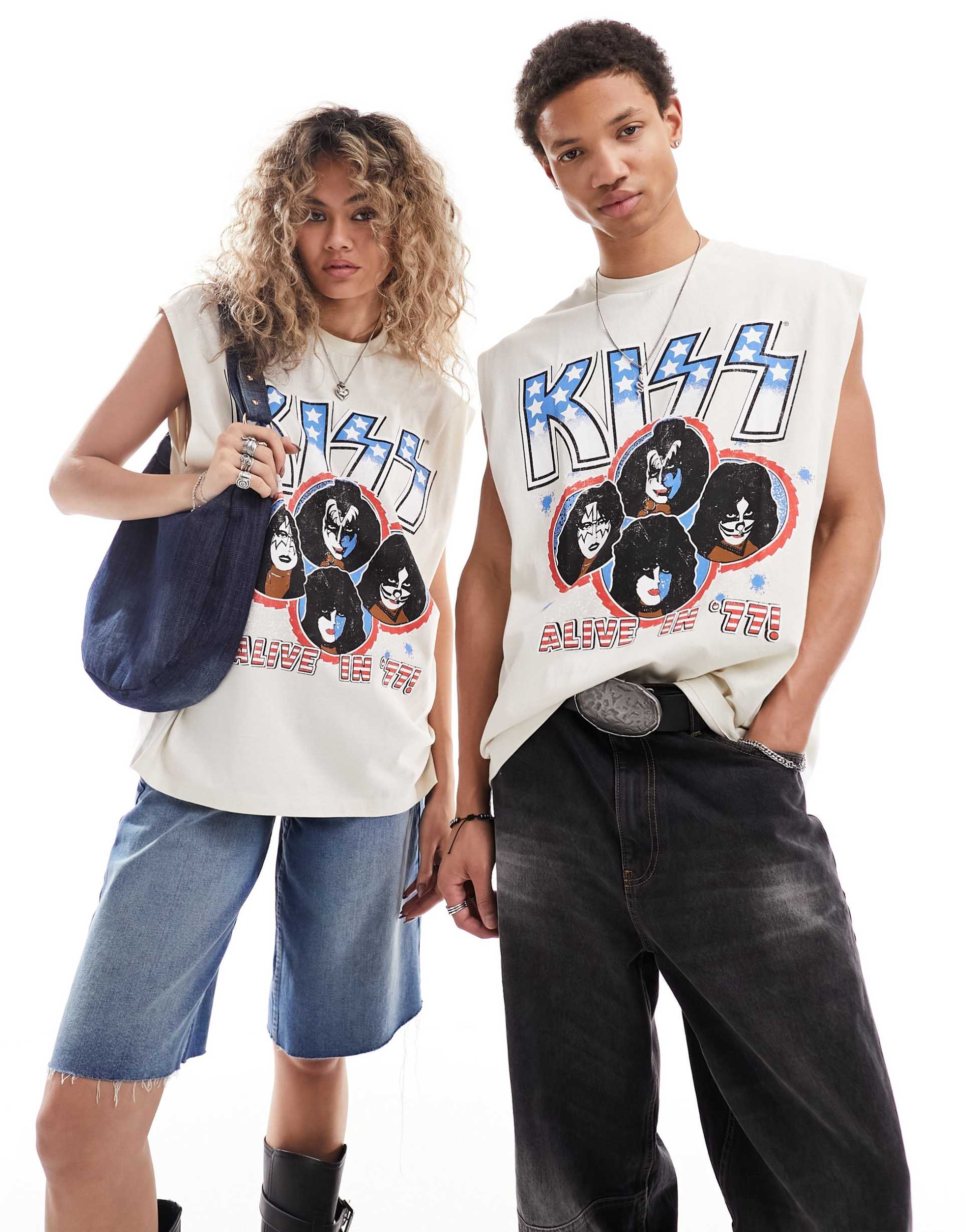 asos design unisex oversized license tank in off white with kiss band print