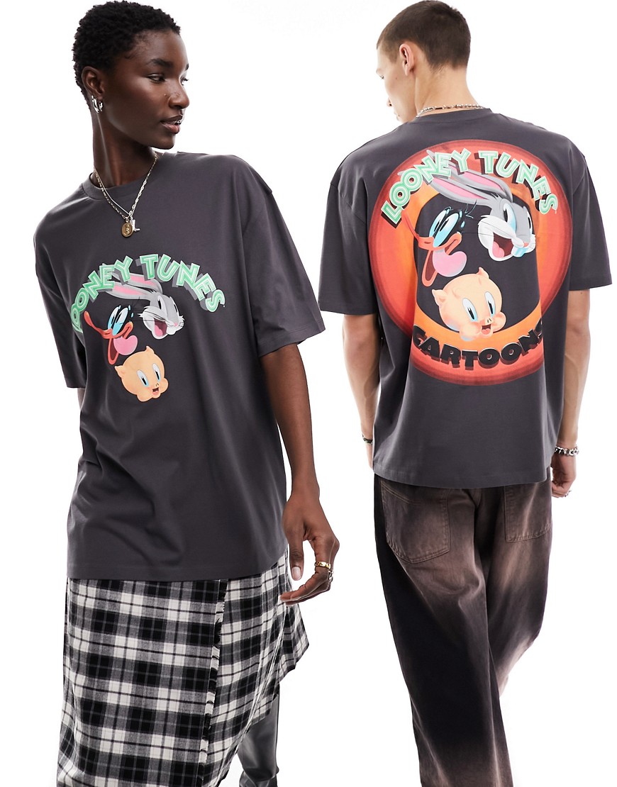 ASOS DESIGN unisex oversized license tee with Looney Tunes back print in charcoal-Grey