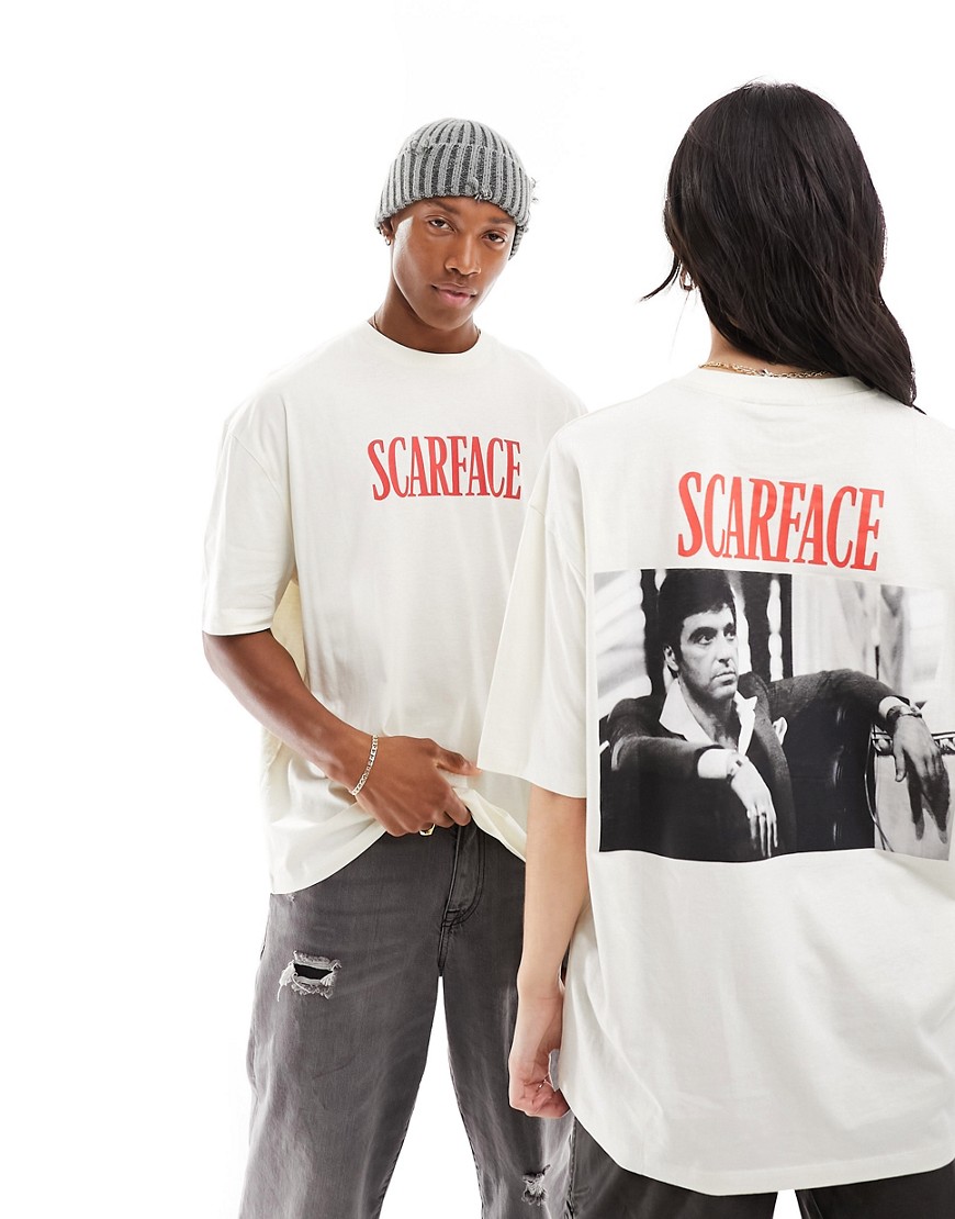 ASOS DESIGN unisex oversized license tee with Scarface graphics in ecru-Neutral