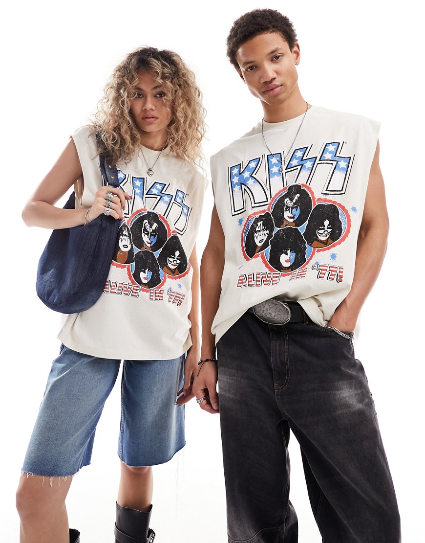 ASOS DESIGN unisex oversized license vest in off white with KISS band print