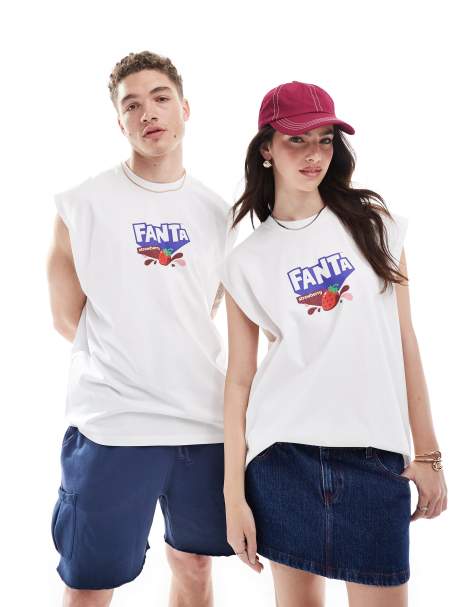 ASOS DESIGN unisex oversized license vest with Fanta Strawberry's and Cream prints in white - view 1