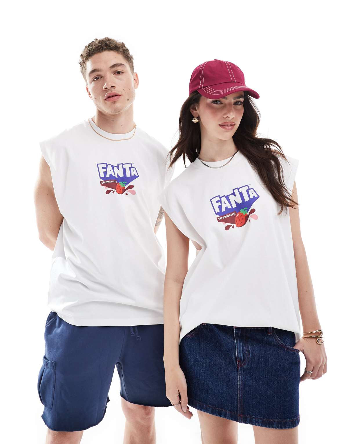 ASOS DESIGN unisex oversized license vest with Fanta Strawberry's and Cream prints in white