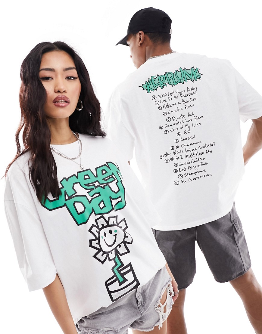 Asos Design Unisex Oversized Licensed Band T-shirt In White With Green Day Album Graphics
