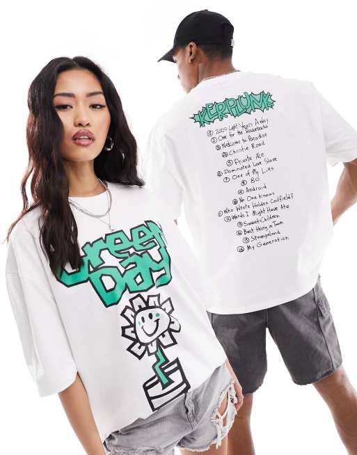 ASOS DESIGN unisex oversized licensed band T shirt in white with Green Day album graphics