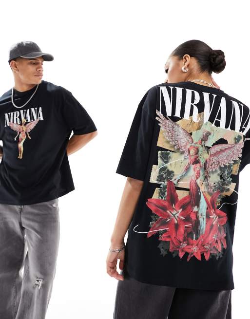 ASOS DESIGN unisex oversized licensed band tee in black with Nirvana angel  graphic prints