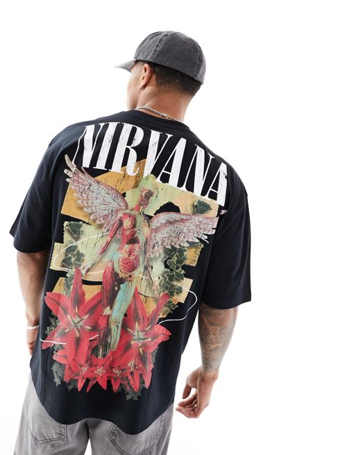 ASOS DESIGN unisex oversized licensed band tee in black with Nirvana angel  graphic prints