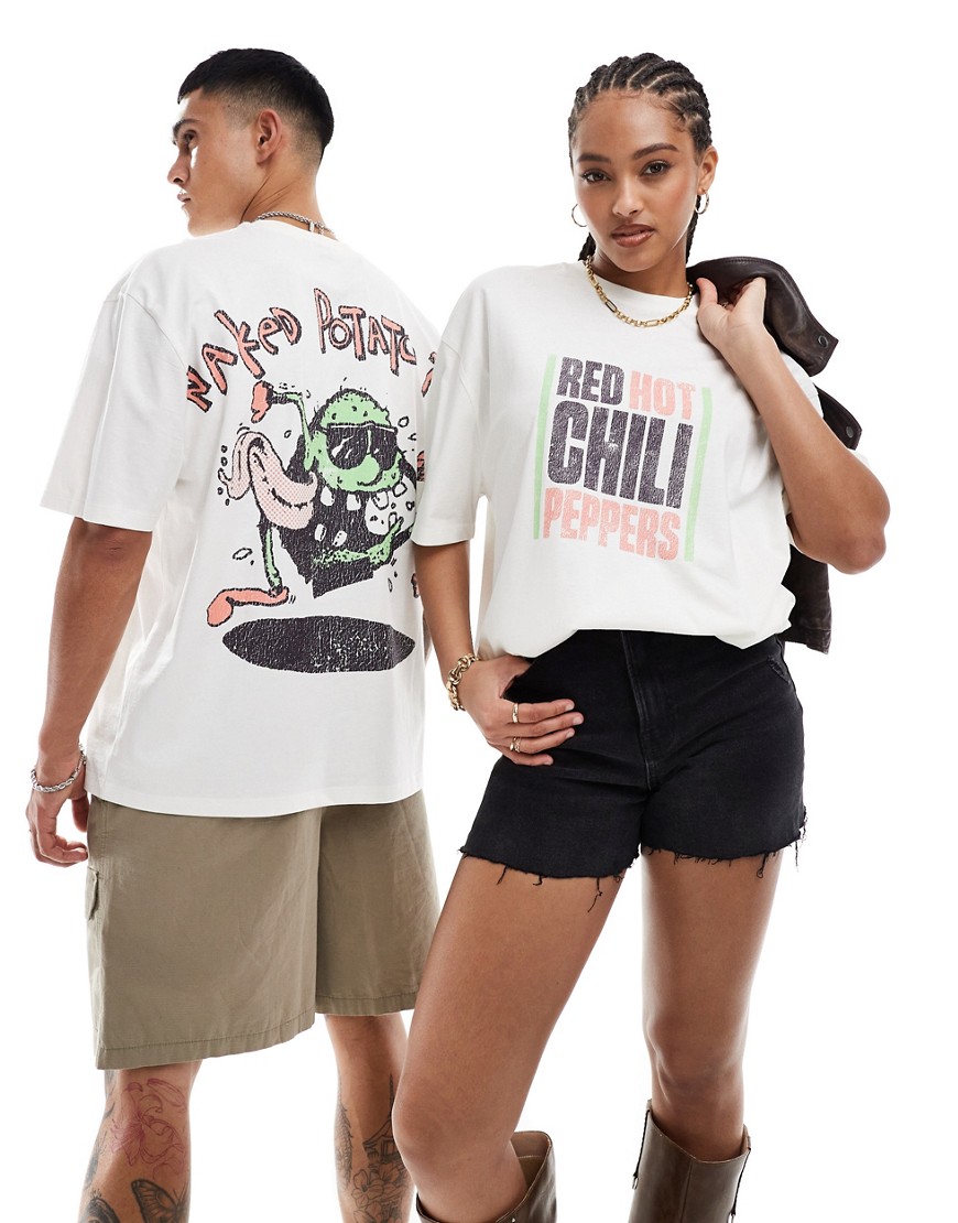 Asos Design Unisex Oversized Licensed Band Tee In Off White With Red Hot Chili Peppers Graphics
