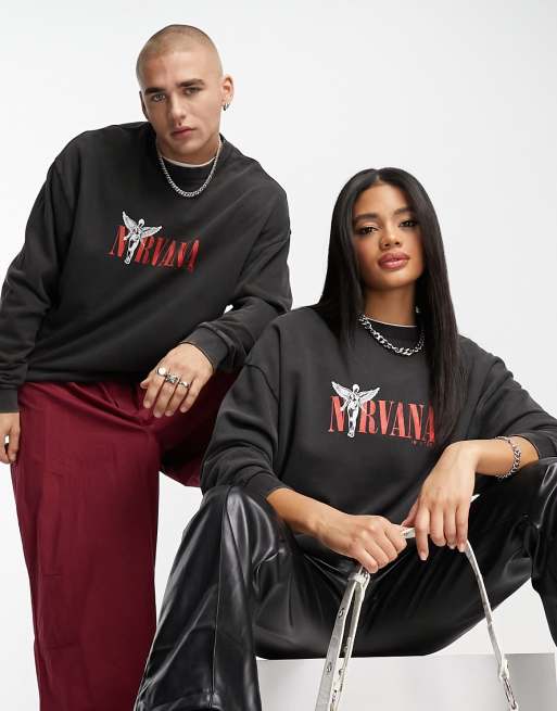 ASOS DESIGN unisex oversized licensed sweatshirt with Nirvana print in washed black