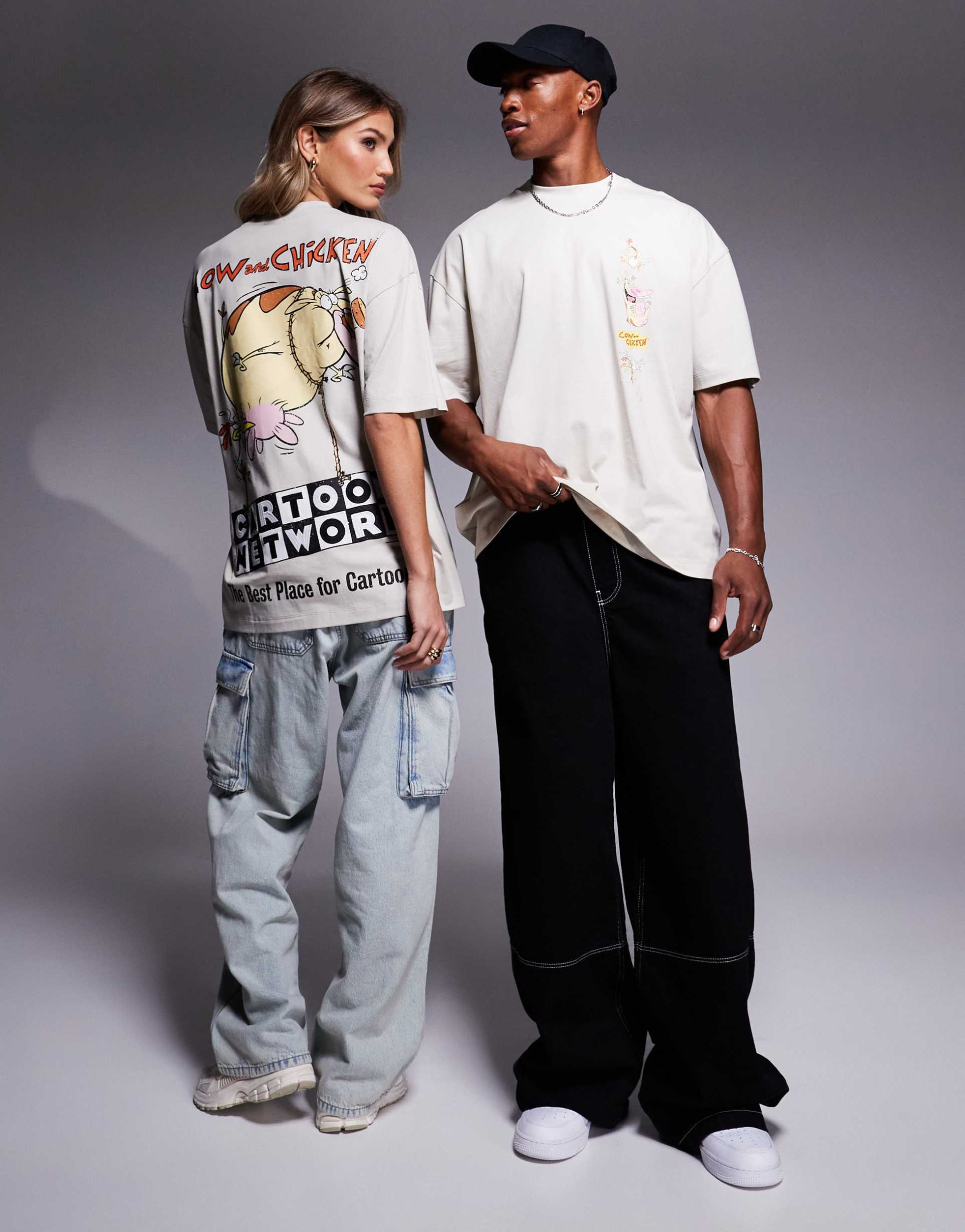 asos design unisex oversized licensed t-shirt with cartoon network cow and chicken prints in gray