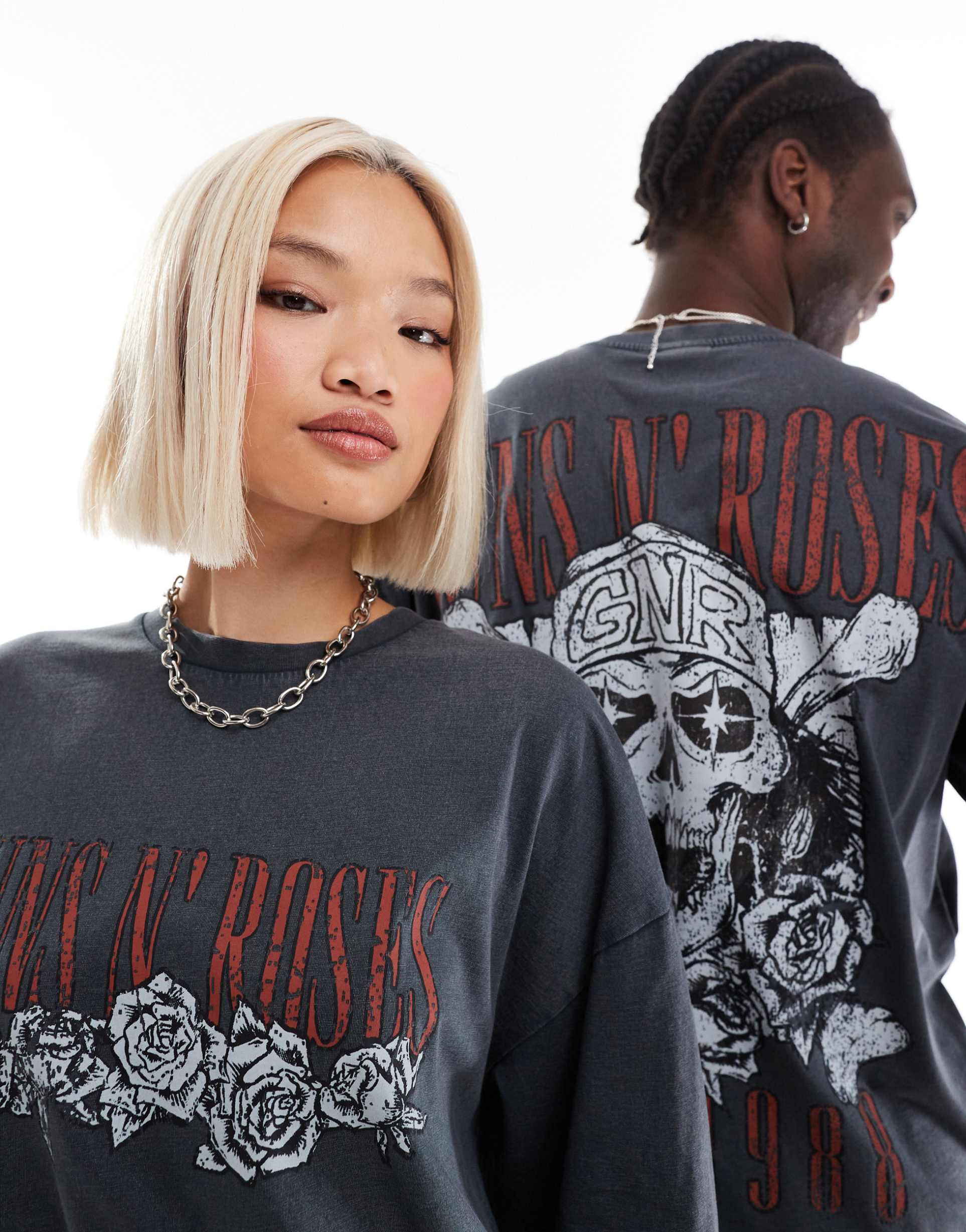 asos design unisex oversized licensed t-shirt with guns n roses tour prints in washed black