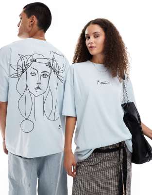 Asos Design Unisex Oversized Licensed T-shirt With Picasso Line Drawing Prints In Blue