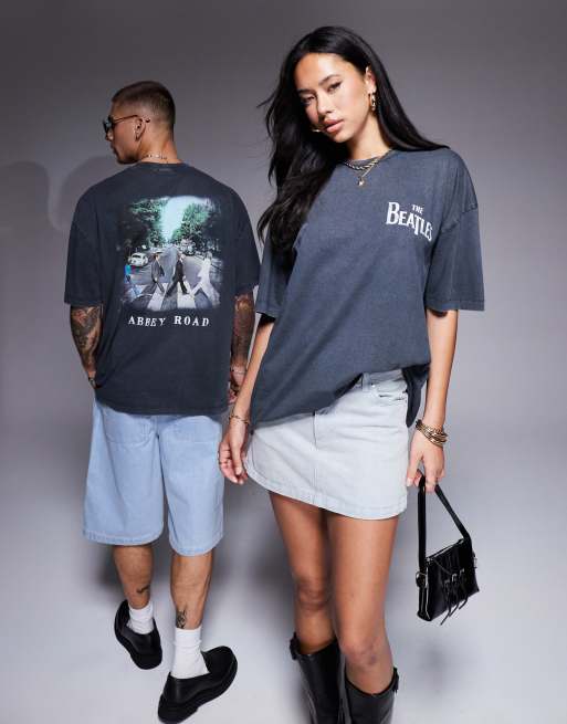 ASOS DESIGN unisex oversized licensed t-shirt with The Beatles Abbey Road prints in washed black